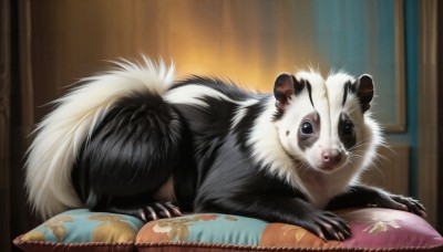 HQ,looking at viewer,blue eyes,full body,lying,indoors,blurry,pillow,no humans,blurry background,animal,cat,on stomach,curtains,claws,realistic,animal focus,whiskers,solo,closed mouth,tail,black eyes,watermark,white fur