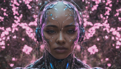 1girl, solo, looking at viewer, blue eyes, closed mouth, flower, dark skin, blurry, dark-skinned female, lips, expressionless, cherry blossoms, portrait, science fiction, realistic, nose, android, cyberpunk