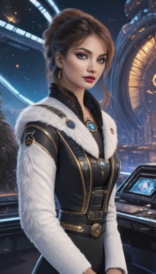 1girl,solo,long hair,breasts,looking at viewer,short hair,blue eyes,brown hair,long sleeves,dress,jewelry,earrings,sky,belt,necklace,hair bun,vest,lips,coat,fur trim,makeup,night,lipstick,brooch,ground vehicle,gem,star (sky),motor vehicle,pendant,science fiction,realistic,nose,red lips,car,bangs,standing,upper body,parted lips,artist name,signature,black dress,grey eyes,eyelashes,buttons,corset,eyeshadow,screen