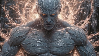 solo,looking at viewer,1boy,closed mouth,yellow eyes,upper body,male focus,blurry,orange eyes,muscular,blurry background,glowing,colored skin,muscular male,glowing eyes,colored sclera,veins,realistic,blue skin,electricity,grey skin,no pupils,alien,nipples,collarbone,outdoors,tree,facial hair,pectorals,green skin