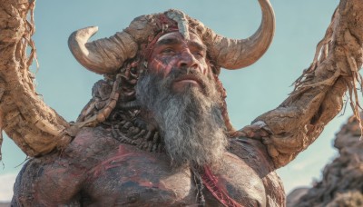 solo,1boy,closed mouth,nipples,upper body,white hair,male focus,outdoors,horns,sky,day,blurry,blue sky,muscular,blurry background,facial hair,scar,beard,realistic,mustache,fake horns,giant,old,horned helmet,looking at viewer,jewelry,teeth,necklace,grey eyes,tusks