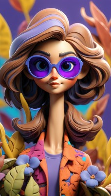 1girl,solo,long hair,looking at viewer,smile,blue eyes,brown hair,gloves,closed mouth,upper body,flower,outdoors,glasses,elbow gloves,artist name,nail polish,blurry,lips,fingernails,eyelashes,makeup,depth of field,blurry background,leaf,sunglasses,thick eyebrows,plant,blue flower,purple gloves,tinted eyewear,blue-tinted eyewear,blonde hair,shirt,hat,multicolored hair