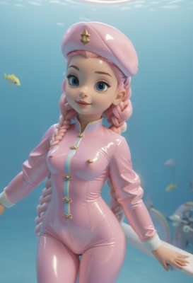 1girl,solo,long hair,breasts,looking at viewer,smile,blue eyes,long sleeves,hat,jewelry,very long hair,closed mouth,pink hair,braid,cowboy shot,earrings,small breasts,shiny,water,star (symbol),twin braids,lips,bodysuit,makeup,beret,lipstick,skin tight,forehead,fish,shiny clothes,underwater,nose,red lips,stud earrings,pink headwear,latex,pink bodysuit,latex bodysuit,aquarium,alternate costume,official alternate costume,alternate hairstyle,aged down,pink jacket