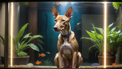 HQ,solo,indoors,black eyes,collar,no humans,animal,sunlight,plant,scenery,fish,bubble,light rays,underwater,realistic,potted plant,animal focus,whiskers,blue eyes,dog,aquarium