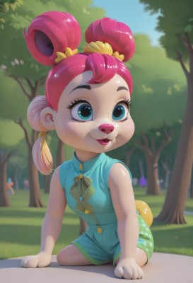 1girl,solo,smile,short hair,blue eyes,shirt,hair ornament,ribbon,animal ears,bare shoulders,closed mouth,green eyes,tail,pink hair,multicolored hair,outdoors,shorts,sleeveless,day,shiny,artist name,hair bun,blurry,aqua eyes,tree,sleeveless shirt,blurry background,grass,blue shirt,child,furry,yellow ribbon,furry female,female child,green shorts,open mouth,twintails,sitting