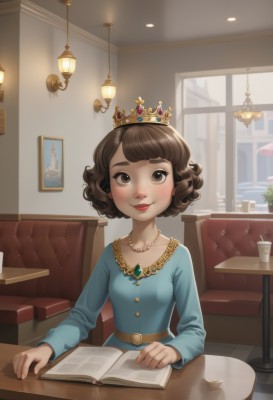 1girl,solo,breasts,looking at viewer,blush,smile,short hair,bangs,brown hair,shirt,long sleeves,dress,brown eyes,jewelry,sitting,closed mouth,collarbone,small breasts,belt,indoors,necklace,cup,lips,book,window,blue dress,chair,table,tiara,crown,blue shirt,plant,gem,child,drinking glass,freckles,curly hair,open book,potted plant,lamp,pearl necklace,restaurant,ceiling light,menu,pov across table,upper body,eyelashes,makeup,couch,red lips