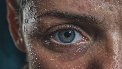 solo,looking at viewer,blue eyes,1boy,male focus,water,blurry,wet,eyelashes,depth of field,close-up,1other,reflection,water drop,realistic,eye focus,black hair,portrait