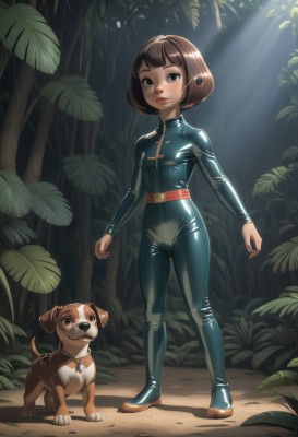 1girl,solo,breasts,looking at viewer,short hair,bangs,brown hair,brown eyes,closed mouth,standing,full body,small breasts,outdoors,shiny,belt,signature,blunt bangs,collar,tree,lips,bodysuit,animal,leaf,sunlight,bob cut,plant,child,nature,skin tight,forest,shiny clothes,dog,light rays,leash,black bodysuit,sunbeam,latex,latex bodysuit,pet,jewelry,boots