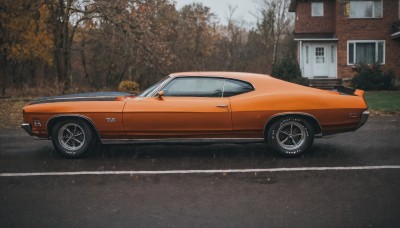 outdoors,day,tree,no humans,window,ground vehicle,building,nature,scenery,motor vehicle,forest,realistic,car,road,house,vehicle focus,street,wheel,sports car,truck,sky