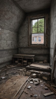 day,indoors,tree,no humans,window,chair,table,building,box,scenery,desk,glass,wall,ruins,broken,crack,debris,broken glass,rubble,broken window