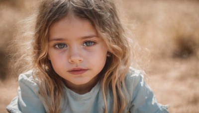 1girl,solo,long hair,looking at viewer,blonde hair,brown hair,dress,closed mouth,upper body,blurry,lips,grey eyes,eyelashes,depth of field,blurry background,wavy hair,portrait,realistic,nose,blue eyes,expressionless