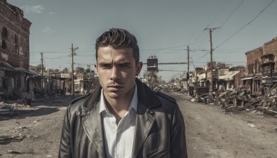 solo,looking at viewer,brown hair,shirt,1boy,closed mouth,jacket,white shirt,upper body,male focus,outdoors,sky,day,collared shirt,black jacket,facial hair,ground vehicle,building,scenery,motor vehicle,city,realistic,mustache,car,road,leather,power lines,leather jacket,photo background,real world location,short hair,black hair,cloud,stubble,ruins,street,debris