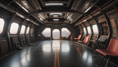 indoors,no humans,window,sunlight,scenery,reflection,science fiction,light,chair,wooden floor,tiles,cable,tile floor,floor,ceiling,ceiling light,reflective floor