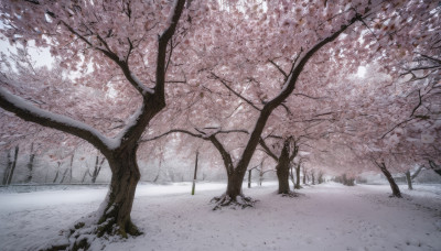 outdoors, sky, tree, no humans, traditional media, cherry blossoms, scenery, snow, road, lamppost