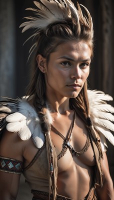 1girl,solo,long hair,breasts,looking at viewer,brown hair,hair ornament,brown eyes,jewelry,medium breasts,closed mouth,upper body,braid,earrings,small breasts,open clothes,belt,necklace,blurry,black eyes,vest,lips,no bra,blurry background,feathers,armlet,freckles,realistic,nose,feather hair ornament,tribal,native american,tooth necklace,twin braids,scar,sunlight,bodypaint