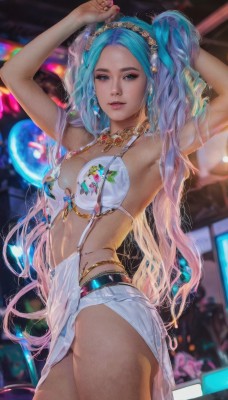 1girl,solo,long hair,breasts,looking at viewer,blue eyes,skirt,twintails,jewelry,medium breasts,blue hair,swimsuit,pink hair,bikini,thighs,multicolored hair,cowboy shot,hairband,earrings,parted lips,belt,armpits,necklace,nail polish,arms up,two-tone hair,lips,see-through,gradient hair,white bikini,bikini top only,pink nails,realistic,blonde hair,navel,cleavage,very long hair,standing,midriff,artist name,blurry,aqua hair,makeup,blurry background,forehead