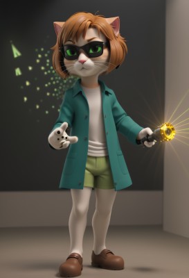 1girl,solo,looking at viewer,smile,short hair,bangs,brown hair,shirt,long sleeves,holding,animal ears,closed mouth,green eyes,standing,jacket,full body,white shirt,weapon,open clothes,shoes,shorts,artist name,cat ears,signature,orange hair,coat,buttons,watermark,brown footwear,cat,sunglasses,blue jacket,child,furry,white pantyhose,furry female,wand,female child,green shorts,animal nose,whiskers,deviantart username,1boy,pantyhose,holding weapon,open jacket,gun,robot,holding gun,furry male