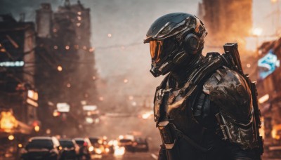 solo,1boy,upper body,weapon,male focus,armor,blurry,from side,gun,military,depth of field,blurry background,helmet,robot,ground vehicle,building,motor vehicle,rifle,science fiction,city,car,assault rifle,power armor,outdoors,realistic,cityscape,police,cyberpunk,body armor