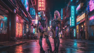 long hair, breasts, looking at viewer, short hair, multiple girls, gloves, 2girls, bare shoulders, medium breasts, standing, weapon, pink hair, boots, outdoors, elbow gloves, holding weapon, high heels, leotard, gun, bodysuit, night, holding gun, black leotard, high heel boots, science fiction, city, cyborg, cyberpunk, neon lights