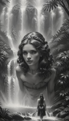 1girl,solo,long hair,breasts,looking at viewer,smile,dress,bare shoulders,standing,collarbone,monochrome,flower,greyscale,artist name,signature,water,tree,lips,strapless,watermark,wavy hair,tiara,plant,nature,strapless dress,web address,wading,realistic,waterfall,multiple girls,holding,2girls,cleavage,weapon,small breasts,sword,from behind,leaf,crown,giant