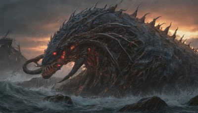 open mouth,red eyes,outdoors,sky,teeth,cloud,water,no humans,glowing,ocean,cloudy sky,robot,sharp teeth,glowing eyes,science fiction,rain,monster,watercraft,giant,ship,waves,kaijuu,horns,scenery,dragon,scales