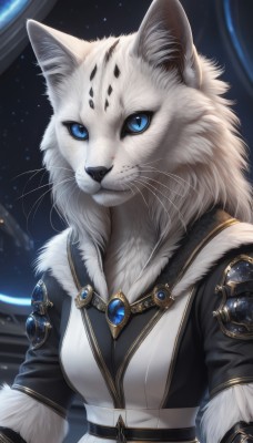 1girl,solo,breasts,looking at viewer,blue eyes,animal ears,jewelry,closed mouth,upper body,white hair,belt,artist name,cat ears,signature,armor,fur trim,animal,slit pupils,brooch,gem,furry,colored sclera,furry female,space,white fur,whiskers,black fur,fluffy,blue sclera,long hair,animal ear fluff,star (sky),fur collar