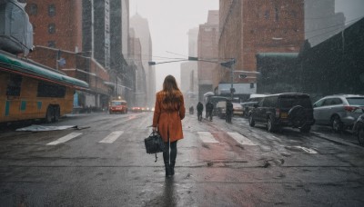 1girl,long hair,brown hair,black hair,long sleeves,holding,standing,jacket,outdoors,solo focus,pants,bag,from behind,black footwear,coat,ground vehicle,building,scenery,motor vehicle,walking,rain,city,sign,facing away,car,road,holding bag,wide shot,vehicle focus,brown coat,lamppost,street,suitcase,grey sky,crosswalk,solo,pantyhose,day,power lines