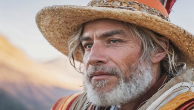 solo,looking at viewer,blonde hair,1boy,hat,closed mouth,white hair,male focus,outdoors,sky,day,armor,blurry,grey eyes,blurry background,facial hair,portrait,beard,mountain,realistic,mustache,brown headwear,straw hat,manly,upper body,grey hair,signature,black eyes,lips,depth of field,scar,thick eyebrows,close-up,nose,old,old man