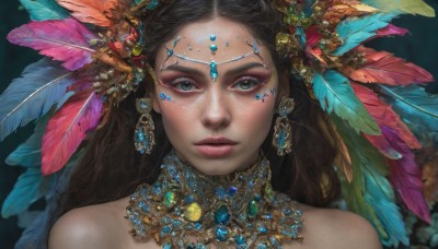 1girl,solo,long hair,looking at viewer,brown hair,black hair,hair ornament,bare shoulders,brown eyes,jewelry,closed mouth,earrings,parted lips,necklace,blurry,lips,eyelashes,makeup,blurry background,wavy hair,expressionless,feathers,gem,portrait,eyeshadow,freckles,circlet,realistic,eyeliner,feather hair ornament,mascara,head chain,blue eyes,grey eyes,headdress