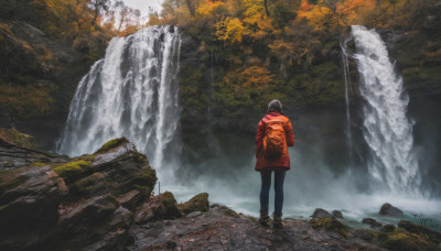 1girl, solo, standing, jacket, boots, outdoors, water, from behind, tree, coat, nature, scenery, hands in pockets, facing away, wide shot, waterfall