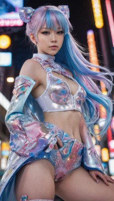 1girl,solo,long hair,breasts,looking at viewer,bangs,blue eyes,thighhighs,gloves,navel,cleavage,bare shoulders,jewelry,medium breasts,underwear,blue hair,panties,pink hair,multicolored hair,cowboy shot,parted lips,detached sleeves,midriff,hair bun,nail polish,bra,blurry,two-tone hair,lips,clothing cutout,double bun,thigh strap,blurry background,piercing,cleavage cutout,blue nails,realistic,skirt,purple hair,earrings,small breasts,clothes lift,skirt lift,navel piercing