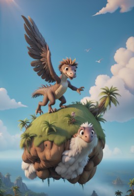 smile,open mouth,outdoors,wings,sky,day,cloud,water,black eyes,tree,blue sky,no humans,bird,ocean,animal,beach,feathers,feathered wings,claws,flying,mountain,palm tree,sun,riding,talons,island,full body,cloudy sky,nature,horizon,beak,cliff