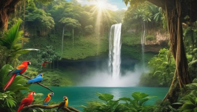 outdoors,sky,day,cloud,water,tree,no humans,bird,animal,leaf,sunlight,plant,nature,scenery,forest,light rays,sun,sunbeam,river,waterfall,moss,parrot,blue sky,ocean,landscape