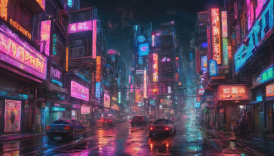 outdoors, sky, no humans, night, ground vehicle, building, night sky, scenery, motor vehicle, reflection, science fiction, rain, city, sign, car, road, cityscape, lamppost, street, skyscraper, city lights, cyberpunk, neon lights, crosswalk