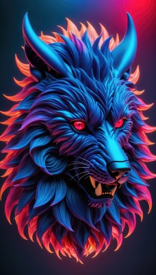 solo,looking at viewer,open mouth,simple background,red eyes,horns,teeth,gradient,gradient background,pokemon (creature),no humans,glowing,fangs,sharp teeth,glowing eyes,colored sclera,animal focus,whiskers,animal,watermark,web address,lion