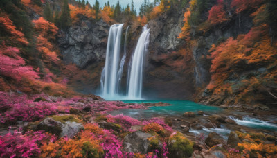 1girl, solo, skirt, hat, outdoors, day, water, tree, nature, scenery, tokin hat, forest, rock, autumn leaves, river, autumn, waterfall, landscape, stream