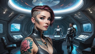 1girl,breasts,looking at viewer,short hair,blue eyes,multiple girls,brown hair,black hair,1boy,2girls,cleavage,jewelry,medium breasts,sitting,pink hair,flower,earrings,multiple boys,2boys,armor,lips,bodysuit,tattoo,makeup,rose,lipstick,science fiction,realistic,nose,space,arm tattoo,undercut,facial tattoo,planet,cyborg,earth (planet),spacecraft,spacesuit,mohawk,cyberpunk,cockpit,hologram,very short hair,shoulder tattoo