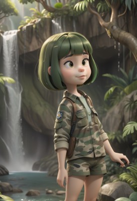 1girl,solo,smile,short hair,bangs,shirt,closed mouth,green eyes,standing,jacket,weapon,outdoors,green hair,shorts,day,blunt bangs,water,uniform,flat chest,tree,military,military uniform,bob cut,backpack,child,nature,wading,sleeves rolled up,forest,pocket,rock,camouflage,river,waterfall,patch,stream,camouflage jacket,hair ornament,hairclip,artist name,lips,short shorts,leaf,sunlight,thick eyebrows,nose