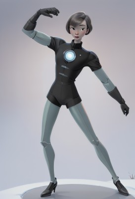 1girl,solo,looking at viewer,short hair,bangs,simple background,brown hair,black hair,gloves,standing,full body,shorts,black gloves,dark skin,grey background,black eyes,high heels,dark-skinned female,lips,bodysuit,makeup,swept bangs,glowing,lipstick,science fiction,legs apart,contrapposto,very short hair,cyborg,breasts,blush,white background,arm up,grey eyes,eyeshadow,joints,robot joints