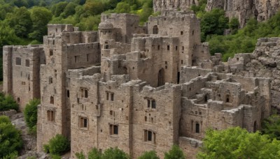 outdoors,sky,day,cloud,tree,no humans,window,traditional media,grass,building,nature,scenery,forest,bush,ruins,rock,castle