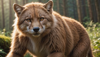 solo,looking at viewer,brown eyes,closed mouth,outdoors,day,blurry,tree,no humans,depth of field,blurry background,animal,cat,plant,nature,forest,realistic,animal focus,whiskers,brown fur,foliage,yellow eyes,signature,close-up