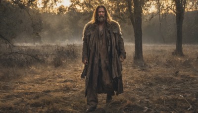 solo,long hair,looking at viewer,brown hair,black hair,long sleeves,1boy,standing,full body,male focus,boots,outdoors,pants,armor,tree,coat,facial hair,shoulder armor,nature,beard,clenched hands,forest,walking,mustache,arms at sides,jewelry,closed mouth,necklace,fur trim,ring,realistic