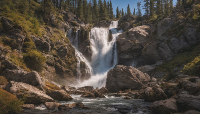 outdoors, sky, day, water, tree, blue sky, no humans, nature, scenery, forest, rock, river, waterfall