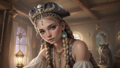 1girl,solo,long hair,breasts,looking at viewer,smile,blonde hair,brown hair,hair ornament,hat,cleavage,bare shoulders,brown eyes,jewelry,medium breasts,closed mouth,upper body,braid,earrings,detached sleeves,indoors,necklace,mole,twin braids,lips,book,eyelashes,window,makeup,night,animal,cat,plant,lipstick,curtains,gem,pendant,freckles,lantern,realistic,nose,red lips,lamp,candle,pirate hat,mascara,pirate,multiple braids,blush,bangs,collarbone,yellow eyes,flower,puffy sleeves,off shoulder,parted bangs,mole under eye,black headwear,forehead,backlighting,dog,pink lips,red gemstone,mole on cheek