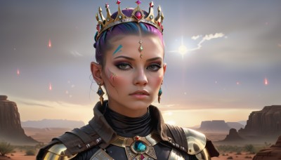 1girl,solo,looking at viewer,short hair,brown eyes,jewelry,upper body,pink hair,purple hair,multicolored hair,earrings,outdoors,sky,cloud,armor,two-tone hair,lips,grey eyes,makeup,facial mark,tiara,crown,lipstick,shoulder armor,gem,portrait,eyeshadow,mountain,nose,sun,eyeliner,mountainous horizon,mascara,long hair,parted lips,teeth,artist name,freckles