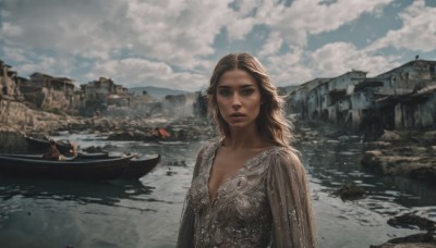 1girl,solo,long hair,breasts,looking at viewer,brown hair,dress,cleavage,brown eyes,closed mouth,collarbone,upper body,small breasts,outdoors,sky,day,cloud,water,blue sky,lips,ocean,cloudy sky,scenery,mountain,realistic,fantasy,watercraft,river,ship,boat,blue eyes,blonde hair,medium breasts,rock,fine art parody