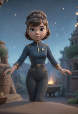 1girl,solo,looking at viewer,smile,short hair,bangs,blue eyes,brown hair,shirt,long sleeves,jewelry,closed mouth,standing,earrings,outdoors,sky,belt,pants,necklace,blurry,black eyes,lips,night,depth of field,blurry background,thigh gap,black pants,fire,blue shirt,child,night sky,breasts,brown eyes,artist name,watermark