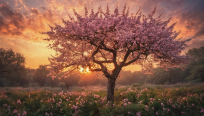 flower, outdoors, sky, cloud, tree, no humans, cloudy sky, grass, nature, scenery, sunset, field, landscape