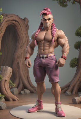 solo,long hair,looking at viewer,1boy,navel,brown eyes,jewelry,closed mouth,standing,full body,pink hair,braid,male focus,multicolored hair,shoes,shorts,belt,pants,dark skin,twin braids,bracelet,tree,muscular,facial hair,scar,abs,dark-skinned male,thick eyebrows,pectorals,muscular male,wristband,sneakers,bara,hair over shoulder,scar on face,clenched hands,large pectorals,veins,topless male,rock,pink footwear,manly,biceps,mohawk,purple shorts,multiple braids,nipples,artist name,watermark,web address,undercut