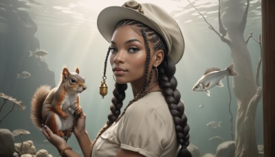 1girl,solo,long hair,breasts,looking at viewer,smile,blue eyes,shirt,black hair,hat,holding,brown eyes,jewelry,white shirt,upper body,braid,short sleeves,earrings,parted lips,dark skin,necklace,nail polish,black eyes,twin braids,bracelet,from side,dark-skinned female,tree,lips,fingernails,looking to the side,grey eyes,eyelashes,animal,sunlight,cat,nature,black nails,fish,underwater,realistic,nose,holding animal,squirrel,brown hair,white headwear,carrying,blue nails,light rays,hoop earrings,sunbeam